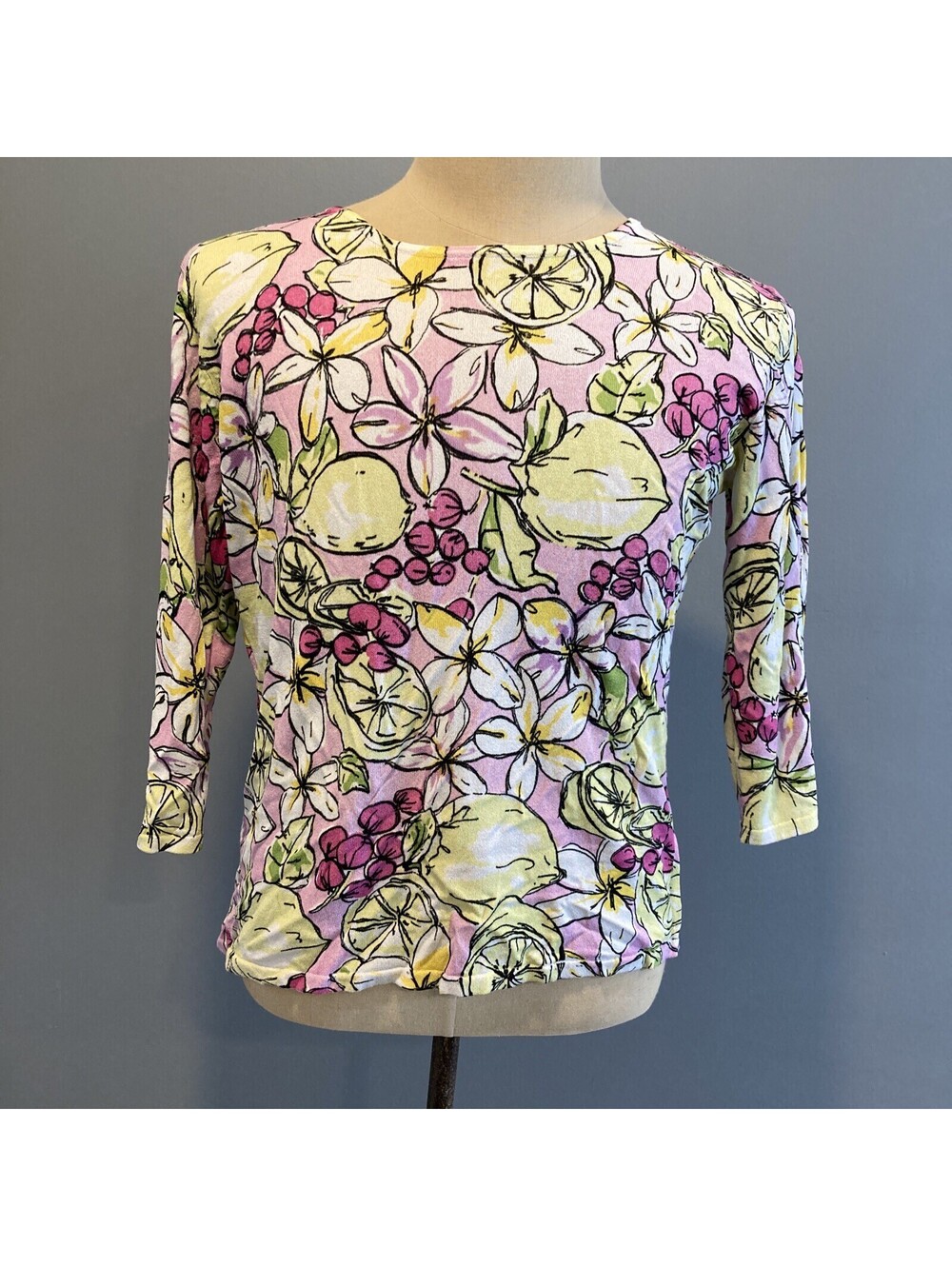 Joseph A Womens XL Viscose Blend Green Lilac Flower Print 3/4 Sleeve Shirt MINT